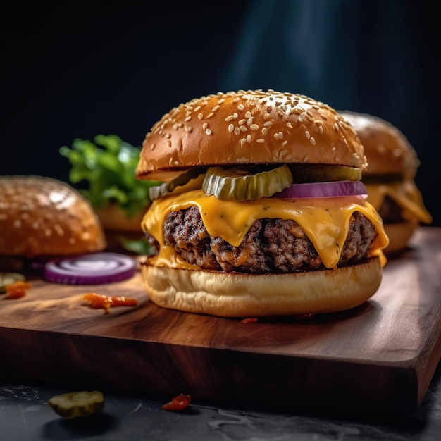 A cheeseburger with a pickle on top sits on a wooden board.