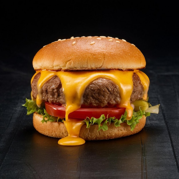 a cheeseburger with a red pepper on it sits on a black table