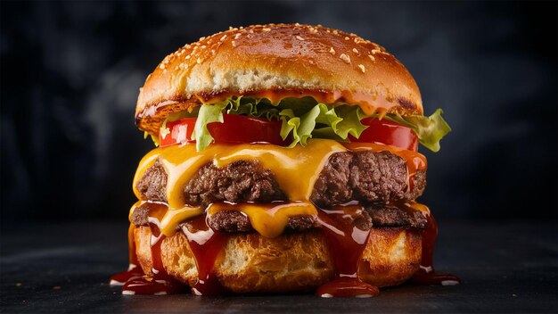 a cheeseburger with a red sauce and green lettuce on top