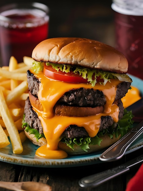 a cheeseburger with a red tomato and cheese on top