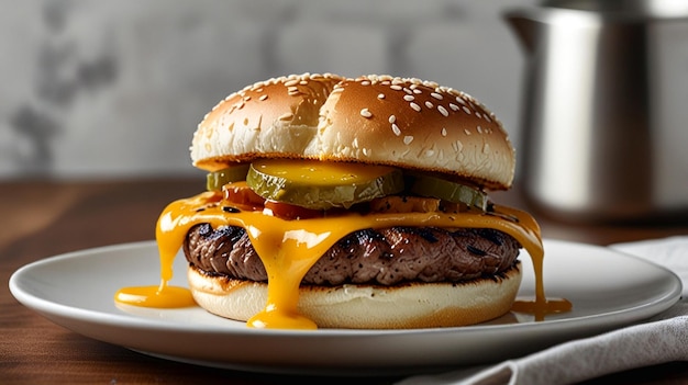 Photo a cheeseburger with a slice of pickle on the top