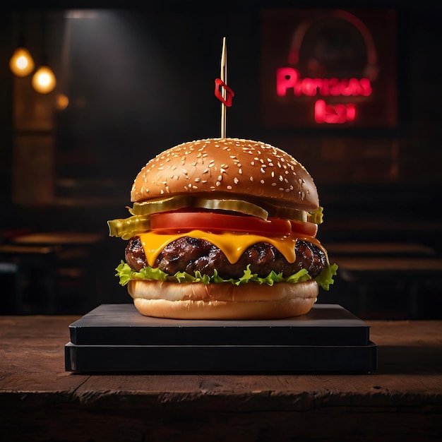 Cheeseburger with tomato and lettuce on wooden board