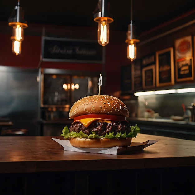 Cheeseburger with tomato and lettuce on wooden board