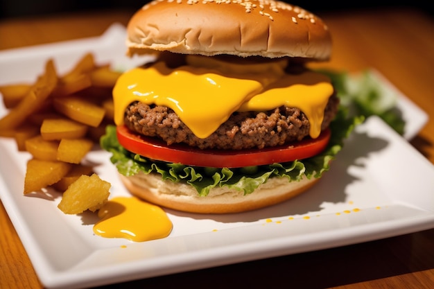 A cheeseburger with a tomato sauce on it