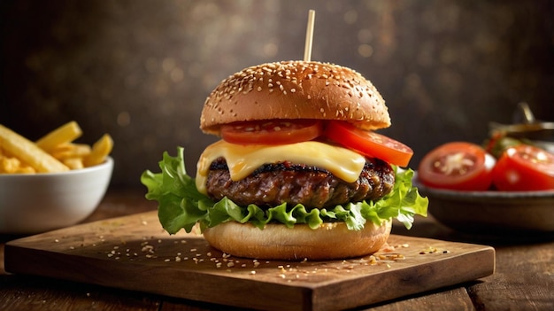 a cheeseburger with a wooden cutting board and a person holding a knife and a pickle