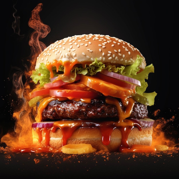 Cheeseburger on a wooden table with fire in the background