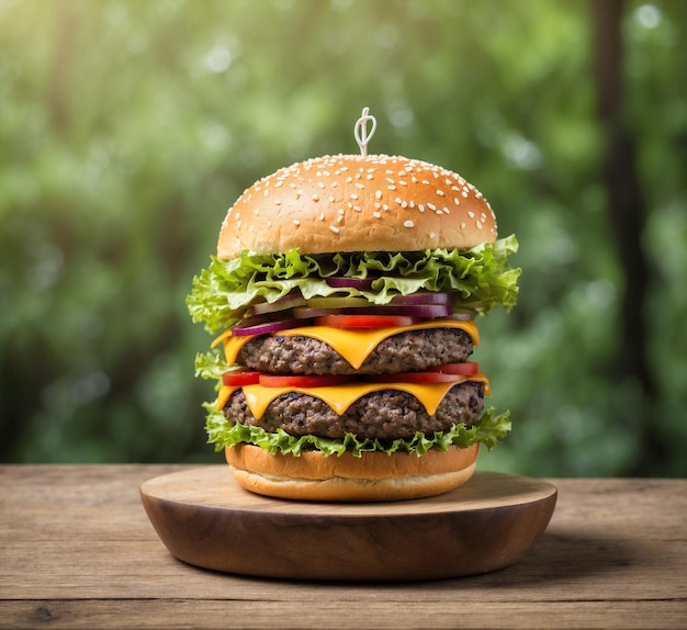 Cheeseburger on wooden table with green nature background selective focus