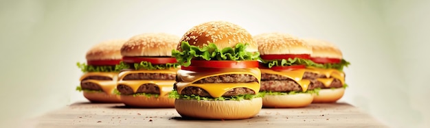 Cheeseburgers in a row each topped with lettuce cheese tomato and onion presented on a wooden surface