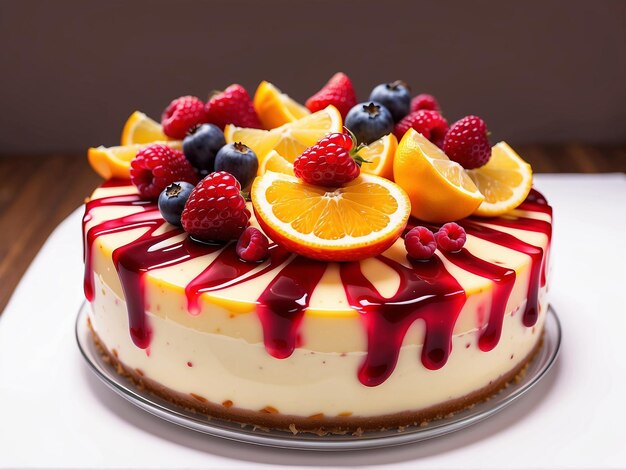 Cheesecake fruit cake with berries and citrus confectionery product