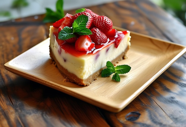 Photo cheesecake slice with strawberries and mint on a square wooden plate