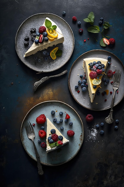 Cheesecake slices and berries on serving plates Illustration AI Generative