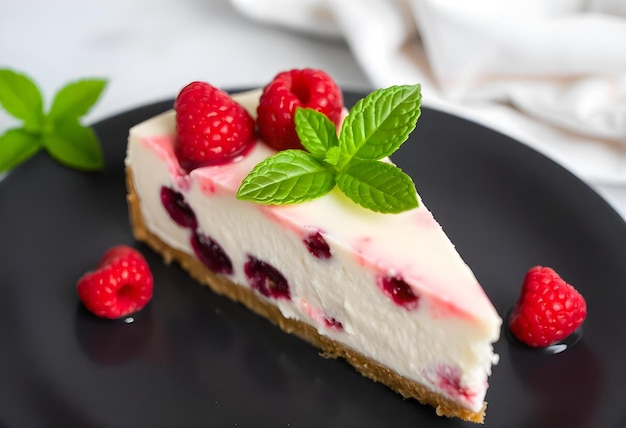 a cheesecake with berries and mint leaves on a plate