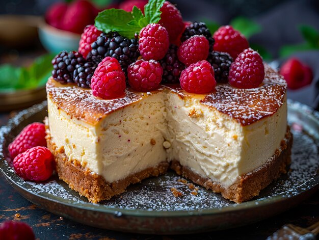 Photo a cheesecake with berries and mint leaves