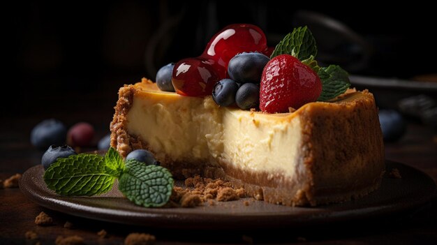 A cheesecake with berries on top