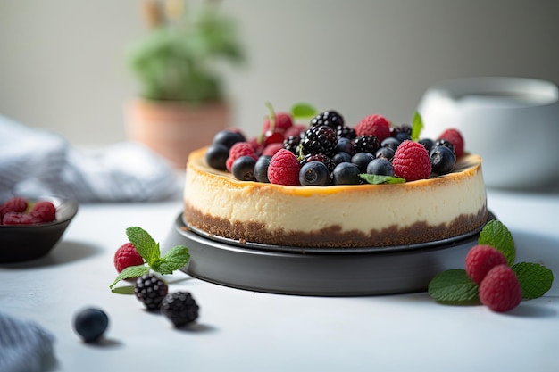 A cheesecake with berries on top