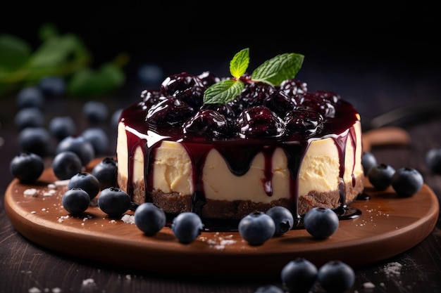 A cheesecake with blueberries on a plate