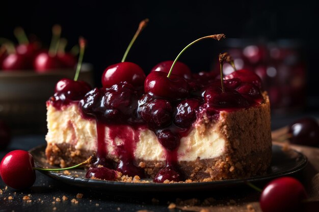 A cheesecake with cherries on top