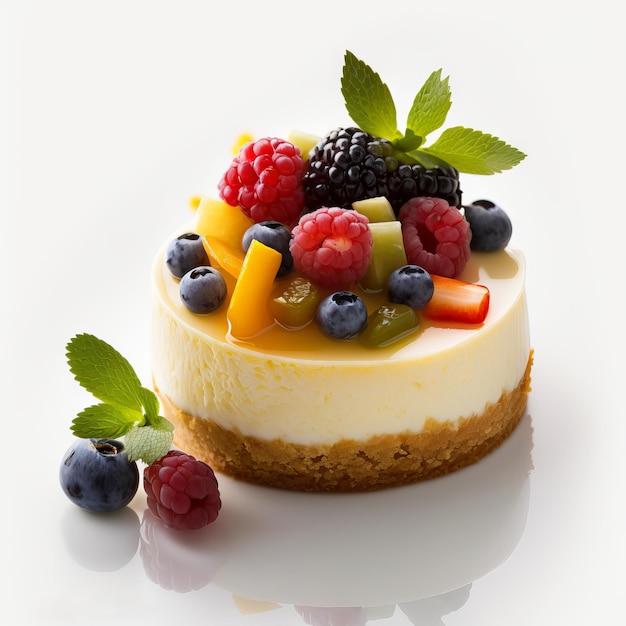 Cheesecake with fresh berries on white background Shallow dof Generative AI