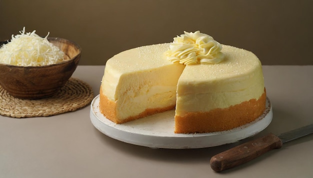 a cheesecake with a piece of cake on it next to a wooden spoon