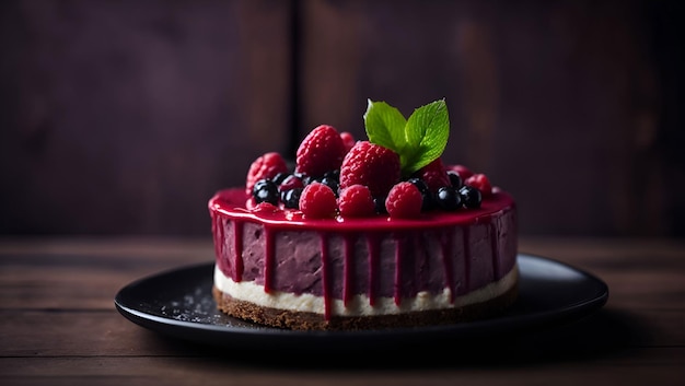 A cheesecake with raspberries and blueberries on top