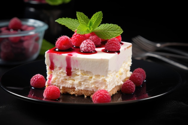 Cheesecake with raspberries and mint on black plate