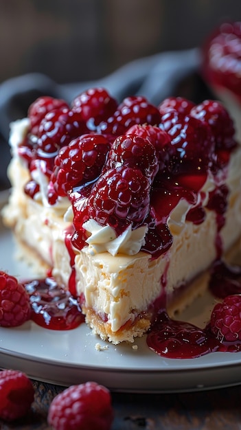 a cheesecake with raspberries and raspberries on top