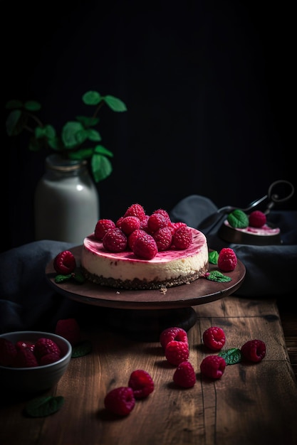 A cheesecake with raspberries on top of it