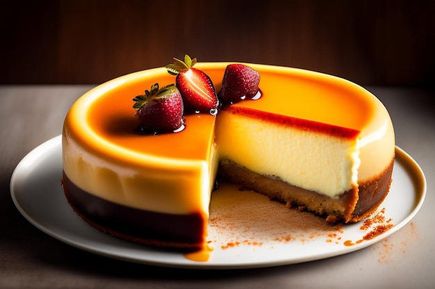 A cheesecake with a slice cut out of it