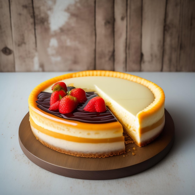 A cheesecake with a slice cut out of it