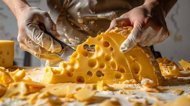 A cheesemaker cuts a large wheel of Swiss cheese with a knife