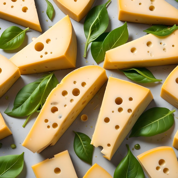 cheeses are displayed on a white surface with green leaves