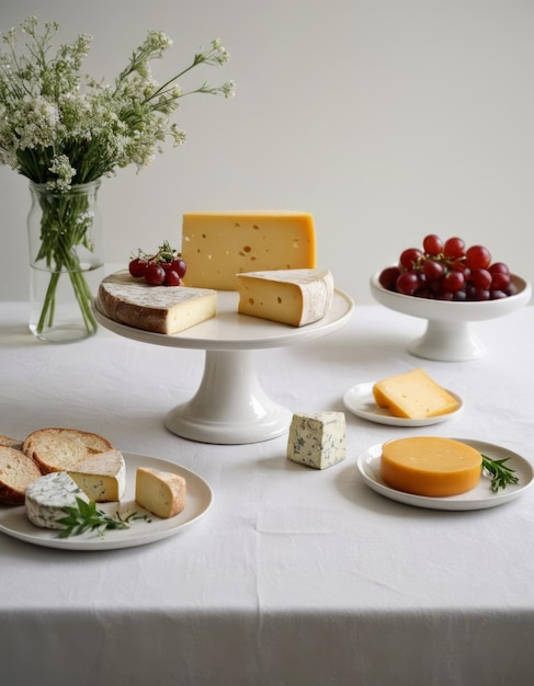 cheeses and cheeses are on a table with a vase of flowers