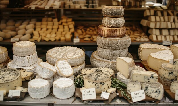 cheeses on a shelf with a sign that says cheese