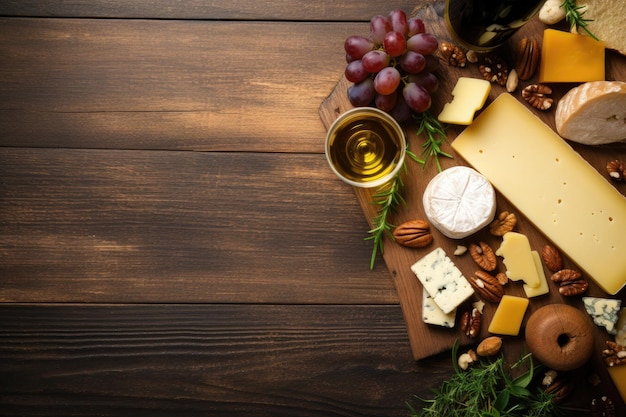 Cheeses wine honey nuts and spices on a wooden table Top view