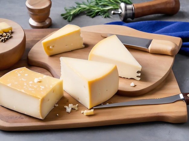 Cheeses on a wooden board with a knife and cheese