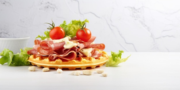 Cheesy belgian waffles served with ham tomatoes and lettuce corn on white marble ba Generative AI