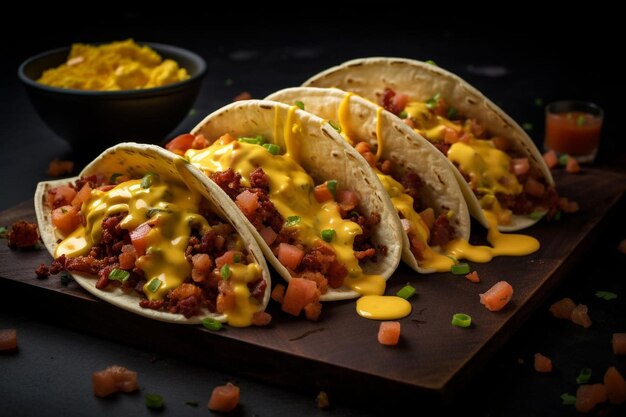 Photo cheesy breakfast tacos mexican food fresh vegetables healthy eating street tacos