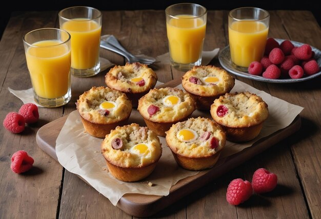 Photo cheesy and crispy sausage muffins with a side of fresh fruit