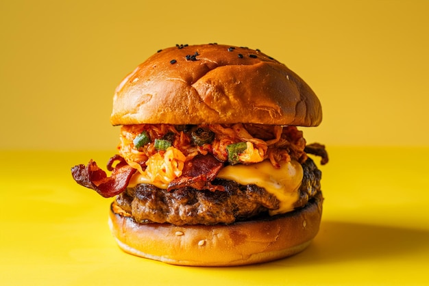 Cheesy double burger with bacon and a colorful topping on a yellow surface