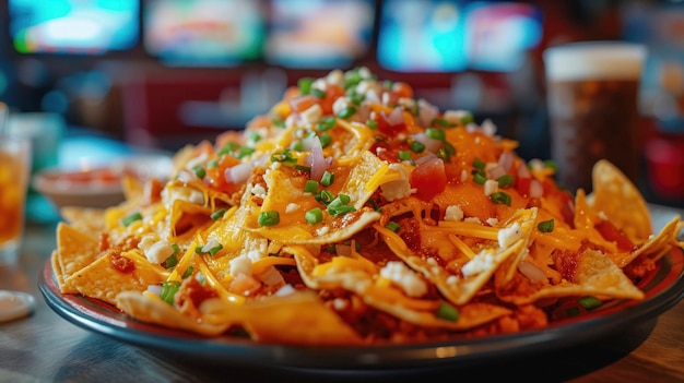 Cheesy Nachos Pile with Salsa in Sports Bar