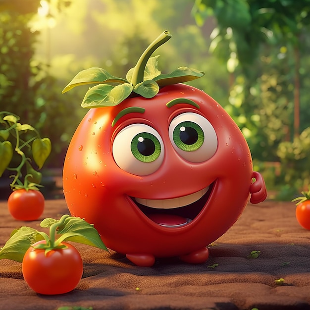 Cheesy Tomato Cartoon Character Playful Salad Mascot With Vibrant Colors