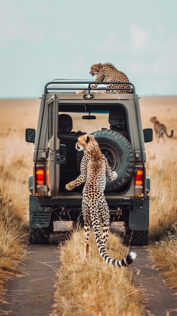 Photo a cheetah approaches a safari vehicle with its back door open while another cheetah sits on the roof