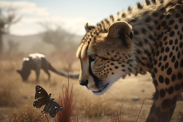 A cheetah and a butterfly are seen in a wildlife scene.