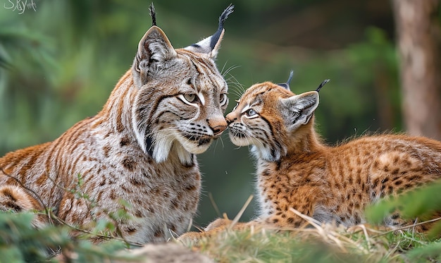 a cheetah and cub are looking at each other