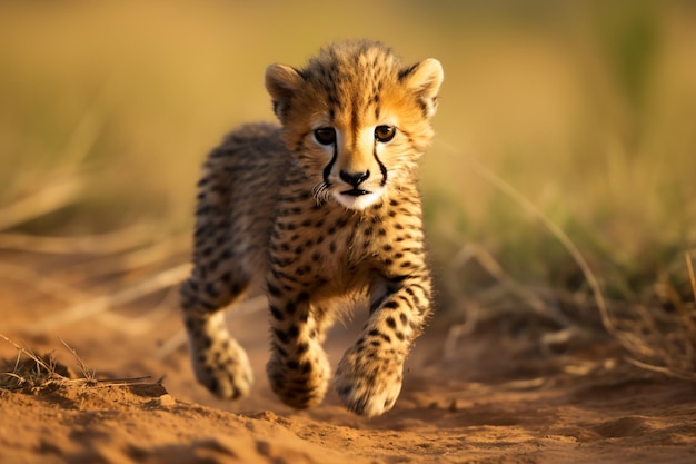 a cheetah cub running across a dirt field