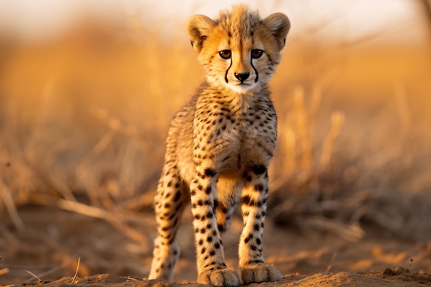 a cheetah cub standing in the middle of a field