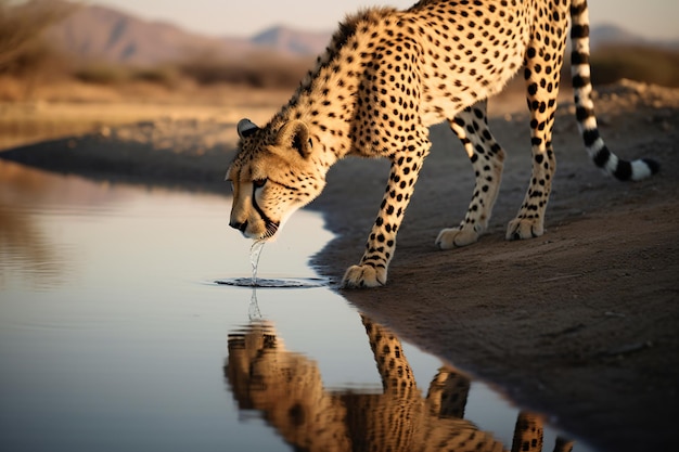 a cheetah drinking water from a pond