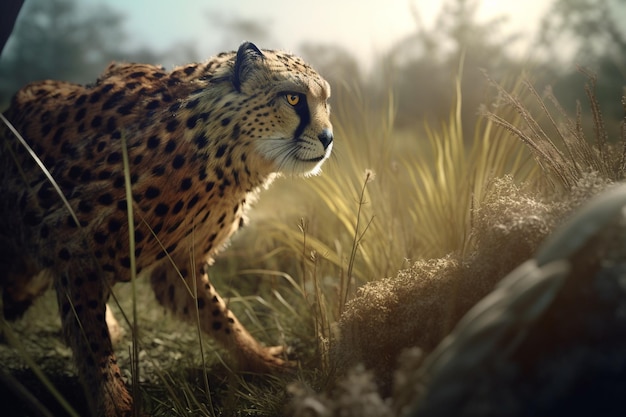 A cheetah in a field with a rock in the background