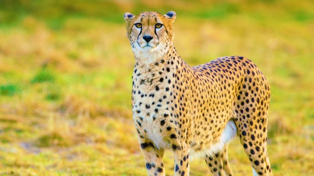 A cheetah in a field with the sun shining on its back