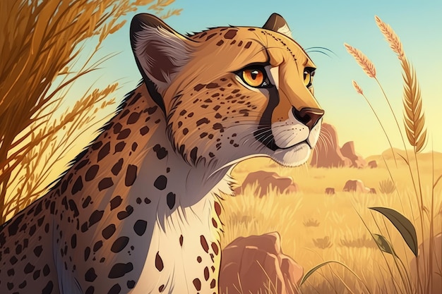 A cheetah in the grass with the sky in the background